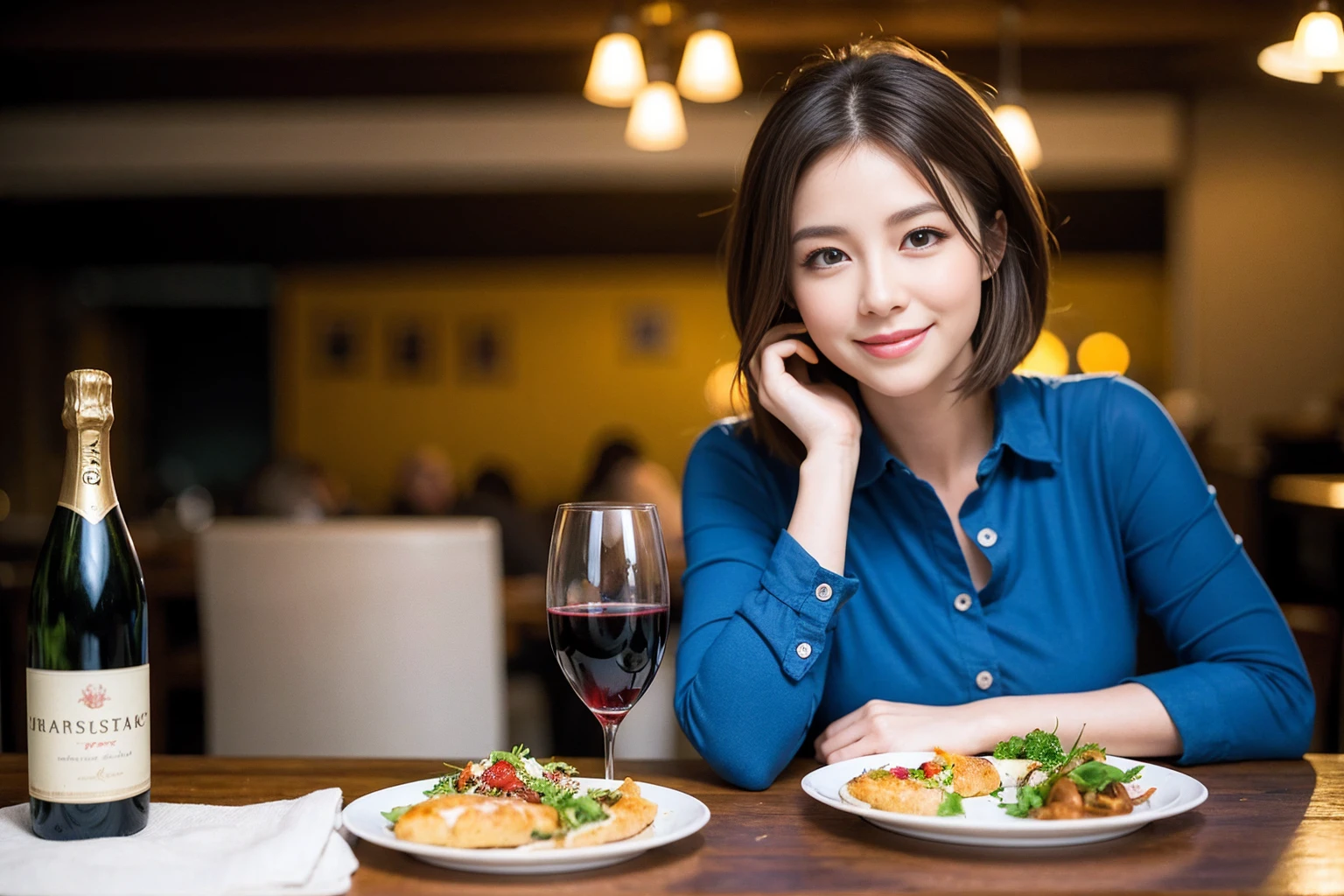 ((Highest quality、8K、masterpiece:1.3))、slimカップル、modelカップル、(Realistic, Intricate details:1.2), full-course dinner、Wine Party、Amazing view of the sunset sky and clouds、A bright smile、The wonderfulness of smile、Bright image、The beauty of wine, Beautiful Face, blue eyes, The light shines on your face, Blushing, short hair,Bright Face、 (Age 37), 39 years old, red wine 、Appetizers、Italian food、Wine bottle、Champagne、sparkling wine、Two beauties、Brown Hair、Shortcuts、Long sleeve shirt、dress、Beautiful woman 1, (slimな顔), (The body is slim), (Brown Hair), (Shortcuts), cheeks turn a little red,Attractive beauty、restaurant, In a prominent place (From the waist up) Nova Frog Style, actress, model, Upper Body, White wine, slim, wine glass, 中央に置かれたwine glass, smile, (smile: 1.15), Beautiful fine grain, Depth f/2,saturation, High Contrast, Strong light and shadow,Moist Body:1.5、3D texture、Delicate eyes、Brown Hair、The hair is very shiny、