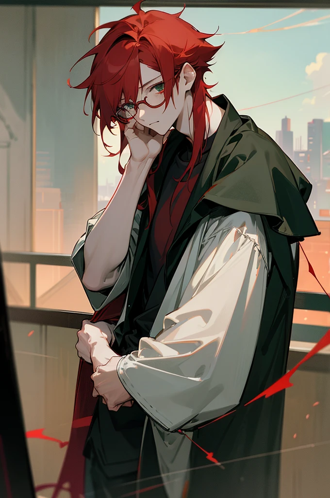 (masterpiece, best quality), Anime boy, young man, solo, 1 boy solo, red hair, messy red hair, messy short red hair, pale skin, dark under eyes, dark eyebags, tired, modern clothes, peaceful scenery, beautiful soft lightning, detailed, glasses, black glasses, dark green eyes, relaxing, right hand on chest, right hand over chest
