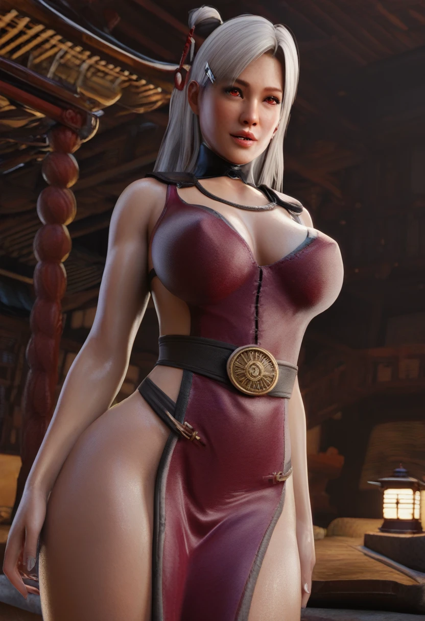 Good quality, best quality, masterpiece, 8k character, sexy female character, a female ninja, white hair, long hair, tied in bun, hair clip, lusty expression, red eyes, American face, detailed face, short nose, American girl, USA woman, sweating, a tight dress, sexy ninja uniform, sexy dress, straps ited all over the body, XXL extremely unnatural big , toned stomach, sexy, very revealing dress, bra and panty like dress, tight dress ,dead or alive style, 3d style, moonlight in background, dojo temple in background