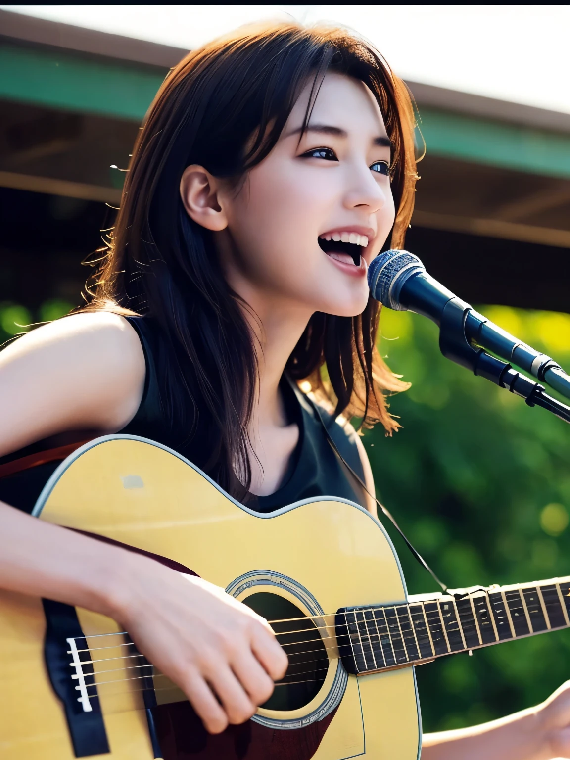 ((masterpiece, Highest quality, High resolution)), (Playing Acoustic Guitar:1.5), 1 beautiful girl, (Realistic: 1.4), Symmetrical eyes, Great face, 15 years old, Medium Hair, (Beautiful Hair:1.5), (Open your mouth:1.3), Square in front of the station, Side angle, Smooth, Highly detailed CG composite 8K wallpaper, High resolutionのRAWカラー写真, Professional photography, Light, BackLight, dream-like, impressive, Written boundary depth