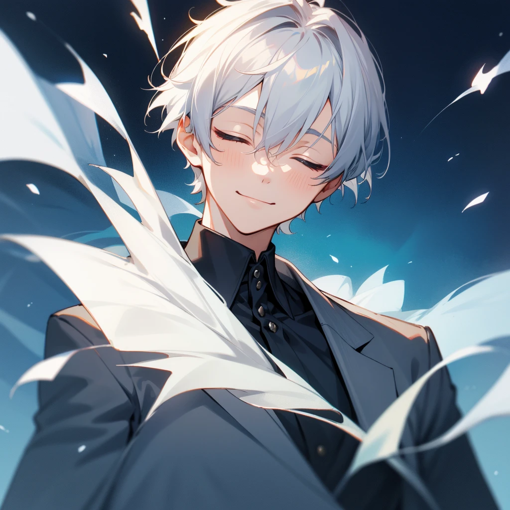 1 boy、highest quality, Tabletop, Beautiful Face、suit、Silver Hair、intelligent、short hair、whole body、(close your eyes) evil smiling、 front