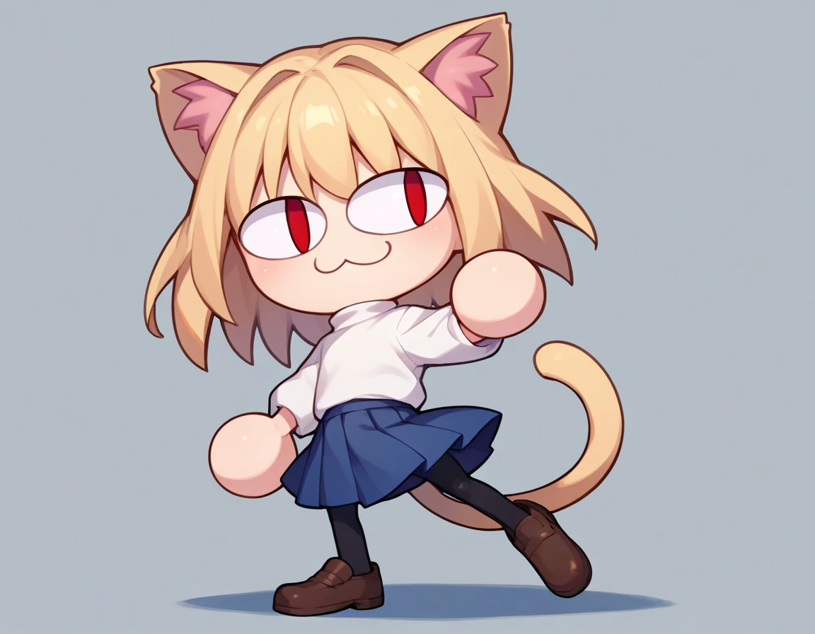 score_9, score_8_up, score_7_up, score_6_up, score_5_up, score_4_up, BREAK, 1boy, solo, necoarc, lit pupils, cat ears, blonde hair, red eyes, :3, turtleneck, blue skirt, pleated skirt, pantyhose, brown footwear, highlight thighs, thick thighs, neco arc pose, looking at the viewer