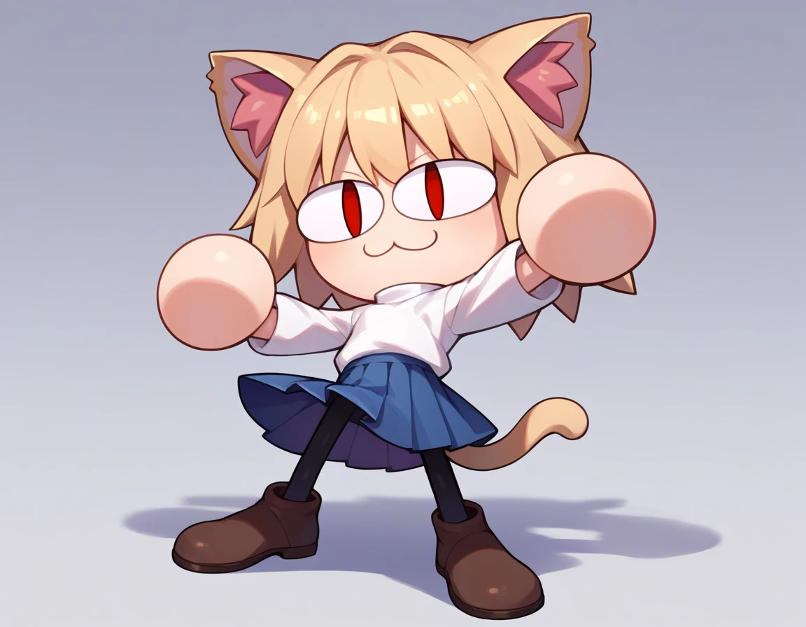 score_9, score_8_up, score_7_up, score_6_up, score_5_up, score_4_up, BREAK, 1boy, solo, necoarc, lit pupils, cat ears, blonde hair, red eyes, chibi, :3, turtleneck, blue skirt, pleated skirt, pantyhose, brown footwear, cool pose, winking