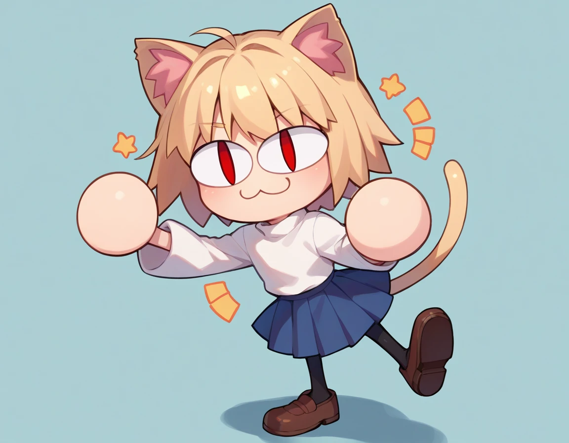 score_9, score_8_up, score_7_up, score_6_up, score_5_up, score_4_up, BREAK, 1boy, solo, necoarc, lit pupils, cat ears, blonde hair, red eyes, chibi, :3, turtleneck, blue skirt, pleated skirt, pantyhose, brown footwear, cool pose, winking