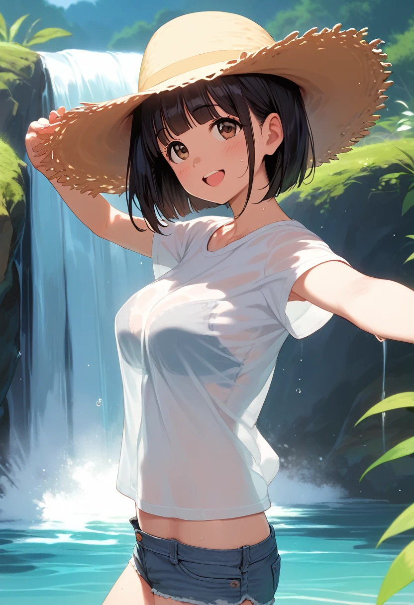 score_9,score_8_up,score_7_up,masterpiece,best quality, source anime, realistic, super detailed, extreme detailed, rating_safe,
1girl, standing, holding straw hat, spread arms, legs in the water, looking up,
BREAK girl, 22yo, short hair, bob cut, (blunt bangs), black hair, (tareme, detailed cute brown eyes), curled eyelashes, (large breasts:0.9),
shiny hair, beautiful detailed eyes, beautiful face,
slender, small ass, slim legs,
white t-shirt, denim shorts, sweat, (see through:1.1), 
blush, smile, open mouth,
outdoors, summer, (wood, waterfall:1.3), sky, shade,