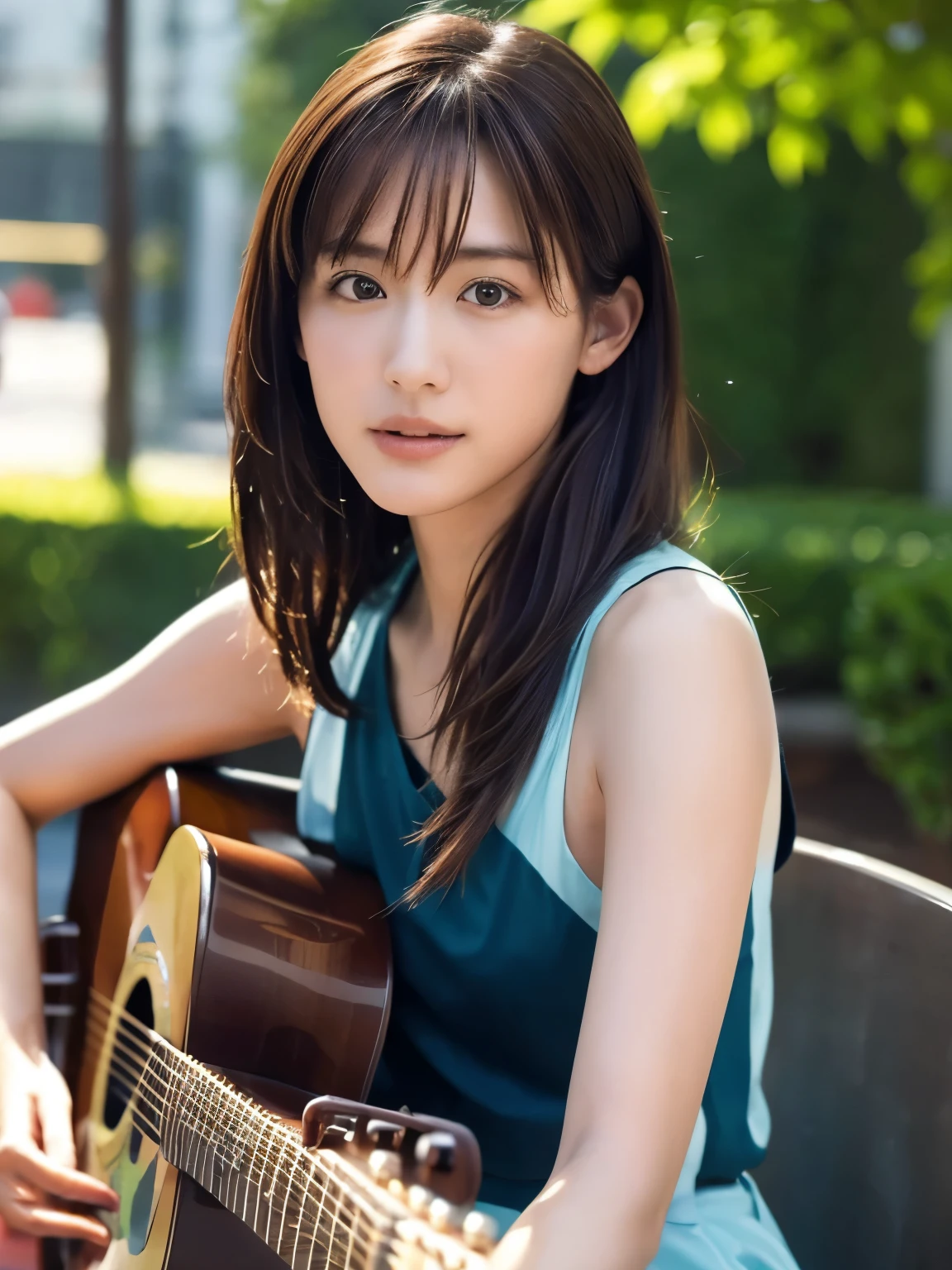 ((masterpiece, Highest quality, High resolution)), (Playing Acoustic Guitar:1.5), 1 beautiful girl, (Realistic: 1.4), Great face, , Medium Hair, (Beautiful Hair:1.5), (Open your mouth:1.3), Square in front of the station, Side angle, Smooth, Highly detailed CG composite 8K wallpaper, High resolutionのRAWカラー写真, Professional photography, Light, BackLight, dream-like, impressive, Written boundary depth