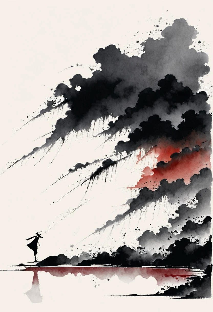 中国Ink Painting, Gray and White, Minimum,White background,The Trail, Minimalism, Huge negative space, Ink Painting, Abstract,Blood-stained sunset,A person dancing in the rain