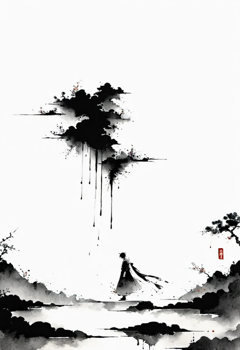 中国Ink Painting, Gray and White, Minimum,White background,The Trail, Minimalism,  Huge negative space, Ink Painting, Abstract，Blood-stained sunset，A person dancing in the rain