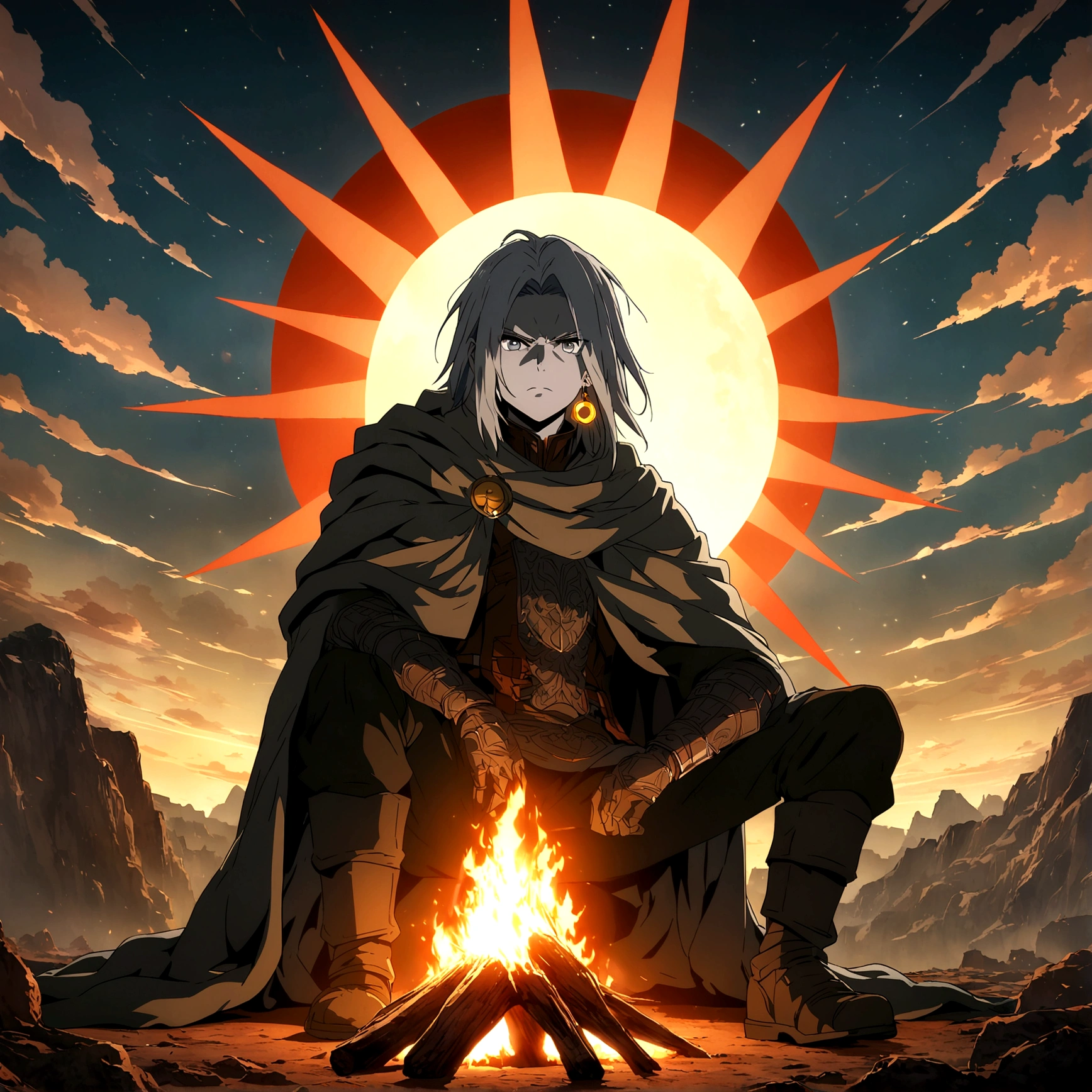 Man, gray skin, lean and defined body, gray hair inspired by Skrillex, gray eyes, sun earring, cloak with sun symbol, serious expression, focus on face, sitting looking at a campfire, giant sun background, "Dark Souls-inspired anime design, filled with dramatic and impressive lighting, infused with creative details, ultra-fine 2D design, scenery bathed in creativity, boasting 2D anime resolution clarity, HD anime graphics, high-octane rendering"