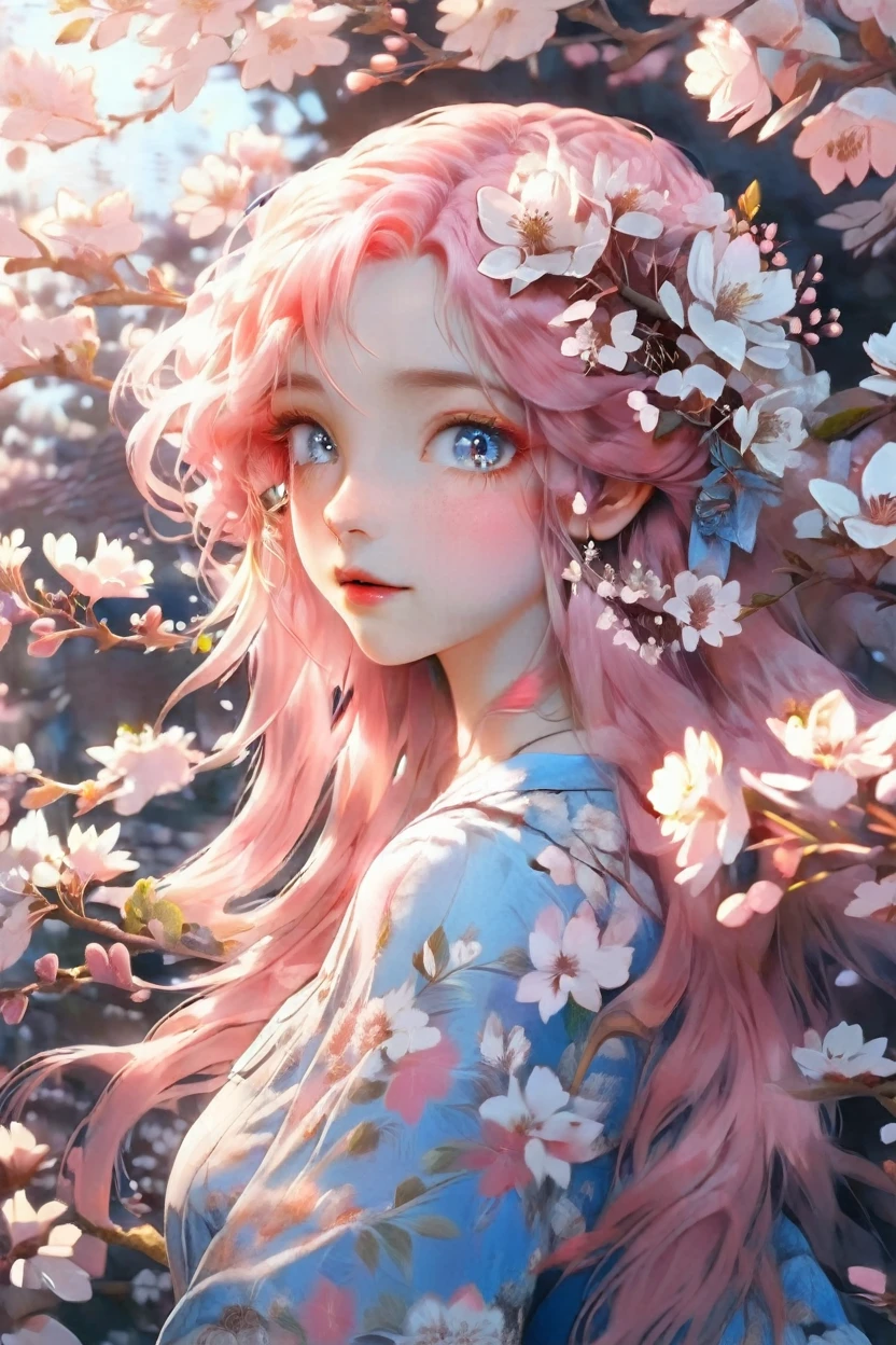 a beautiful young girl with long pink hair, detailed face, beautiful eyes, delicate lips, wearing a blue dress, standing in a lush garden with pink cherry blossoms, detailed lighting, cinematic composition, highly detailed, masterpiece, 8k, photorealistic