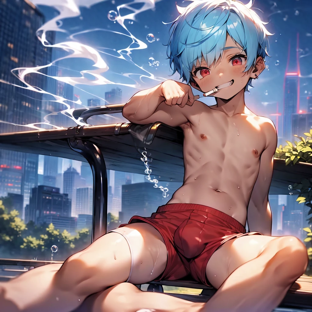 (solo:2), (boldline:-1.8), (smoking:1.6), (((bubble))), (sitting on bench:1.5), (spread legs:1.5), (((fang))), (((best finger))), BREAK (best quality:1.5), (absolutely resolution:1.5), (ultra detailed:1.5), (masterpiece:1.5), (perfect face), (detailed face), (detailed eyes), (best eyes), (cute face), (shota:2), BREAK (topless:1.5), BREAK (red short pants:1.5), (see throgh wet clothes:1.2), (bulge:1.6), (skinny:1.3), (spiked hair), BREAK (light blue hair:1.5), (wine red eyes:1.4), (eyes with highlight:1.6), ((mole under eye)), (sweaty skin), (light skin), (grin:1.5), ((earrings)), (shiny skin:1.3), BREAK (garden), (building:1.5), (at twilight:1.5), ((wind blowing)), ((nipple)), (abs), (groin),