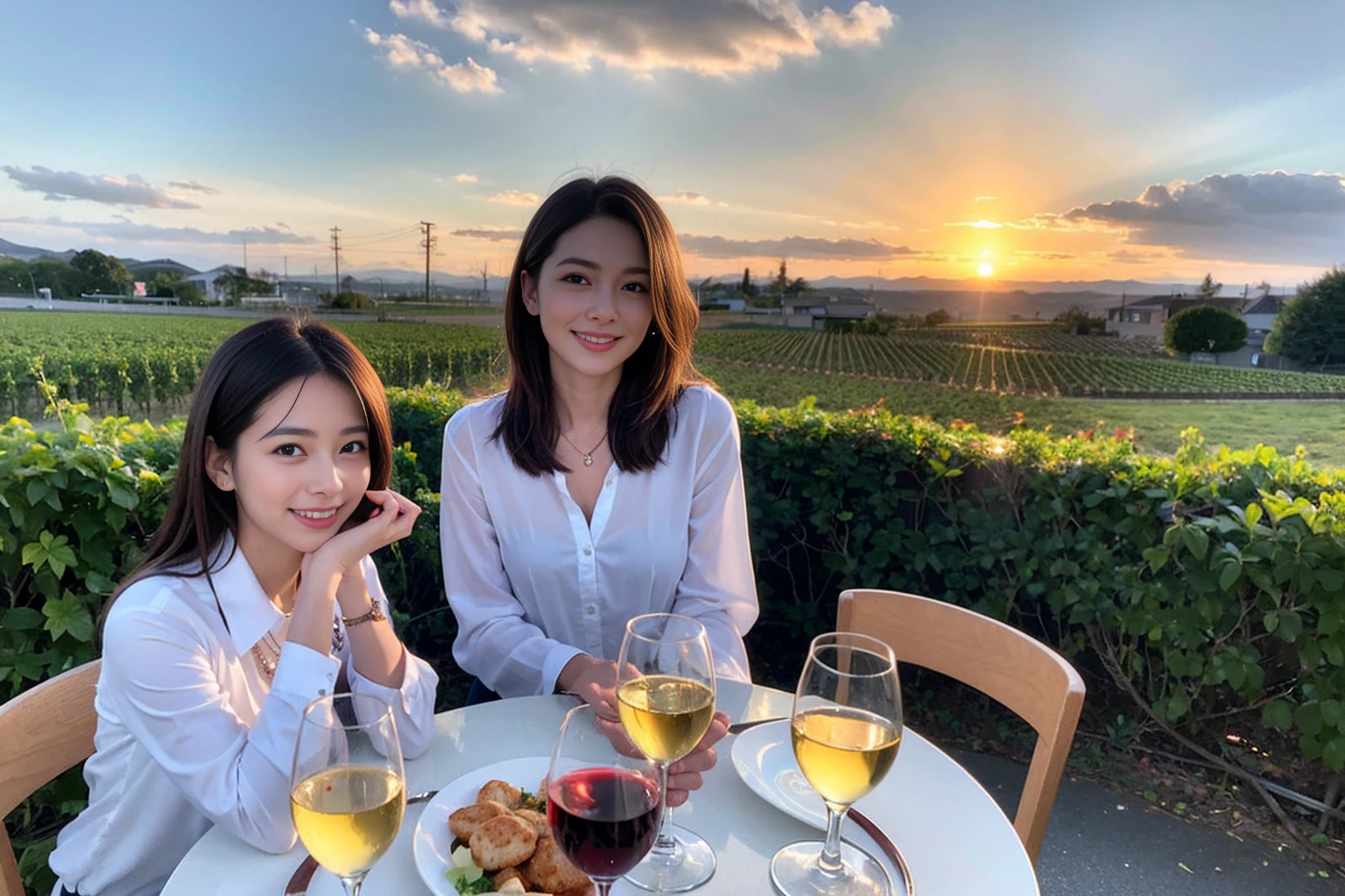 ((Highest quality、、masterpiece:1.3))、1 male、1 female、42 years old 44 years old、Slim Beauty、Beautiful couple、smile、 (Slim face), (the body is スリム), (Brown Hair), (Shortcuts), テーブルのフルコースディナーとwine glass、Amazing view of the sunset sky and clouds、smileの美しさ、Wine bottle、sparkling wine、Long sleeve shirt、dress、White wine, red wine, wine glass,