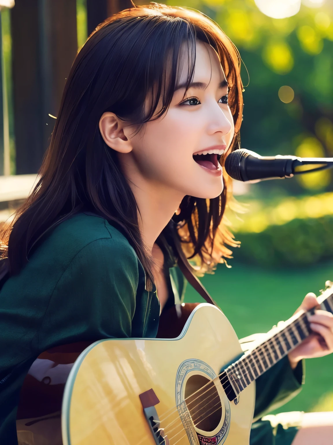 ((masterpiece, Highest quality, High resolution)), (Playing Acoustic Guitar:1.5), 1 beautiful girl, (Realistic: 1.4), Great face, 15 years old, Medium Hair, (Beautiful Hair:1.5), (Open your mouth:1.3), Square in front of the station, Side angle, Smooth, Highly detailed CG composite 8K wallpaper, High resolutionのRAWカラー写真, Professional photography, Light, BackLight, dream-like, impressive, Written boundary depth