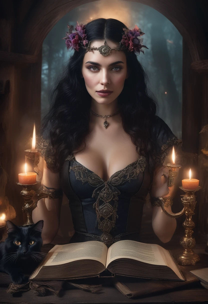 Princess, black long curly hair, wearing dark purple shiny dress and full gold opera mask . Sitting on the table with paper on her hands. In the darkness of night. Old painting