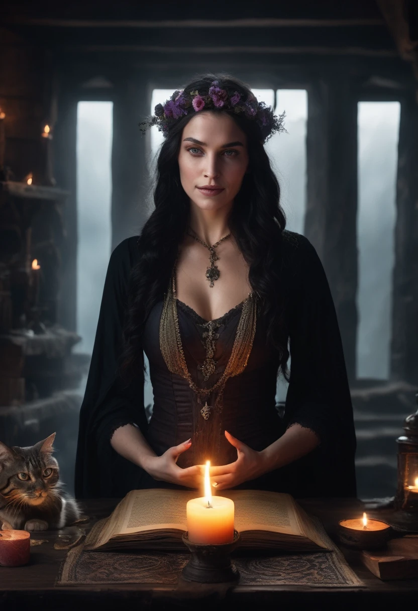 Young sorceress, long wavy shimmering black hair with braids, head decorated with flower crown, witch of the middle ages, dress of different colors, sensual cleavage, medium breasts, extremely beautiful, rectangular delicate face, defined jaw, Symmetrical, fine nose, welcoming smile, rosy cheeks, Ethereal blue lighting, mystical atmosphere around, mist, illuminated by moonlight, Olhos castanhos expressivos, in a cozy wooden cabin, thick lips, Wicca Witch, next to a beautiful black cat, holding a spell book, cauldron of spells bubbling in the background.