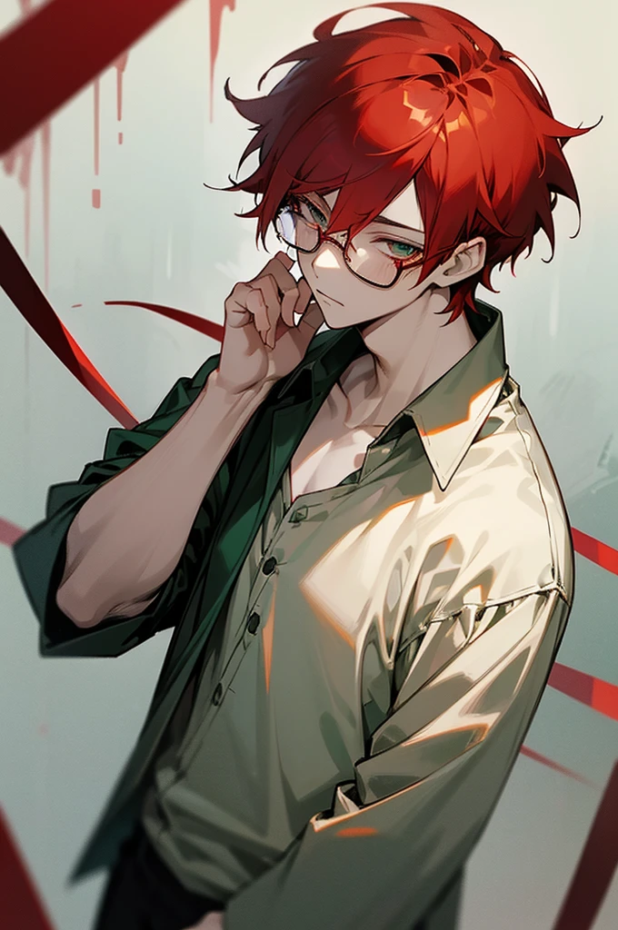 (masterpiece, best quality), Anime boy, young man, solo, 1 boy solo, red hair, messy red hair, messy short red hair, pale skin, dark under eyes, dark eyebags, tired, modern clothes, peaceful scenery, beautiful soft lightning, detailed, glasses, black glasses, dark green eyes, relaxing, right hand on chest, right hand over chest