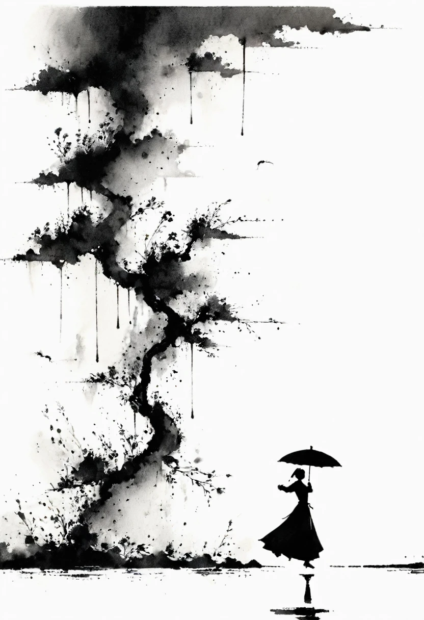 中国Ink Painting, Gray and White, Minimum,White background,The Trail, Minimalism, Huge negative space, Ink Painting, Abstract，A person dancing in the rain