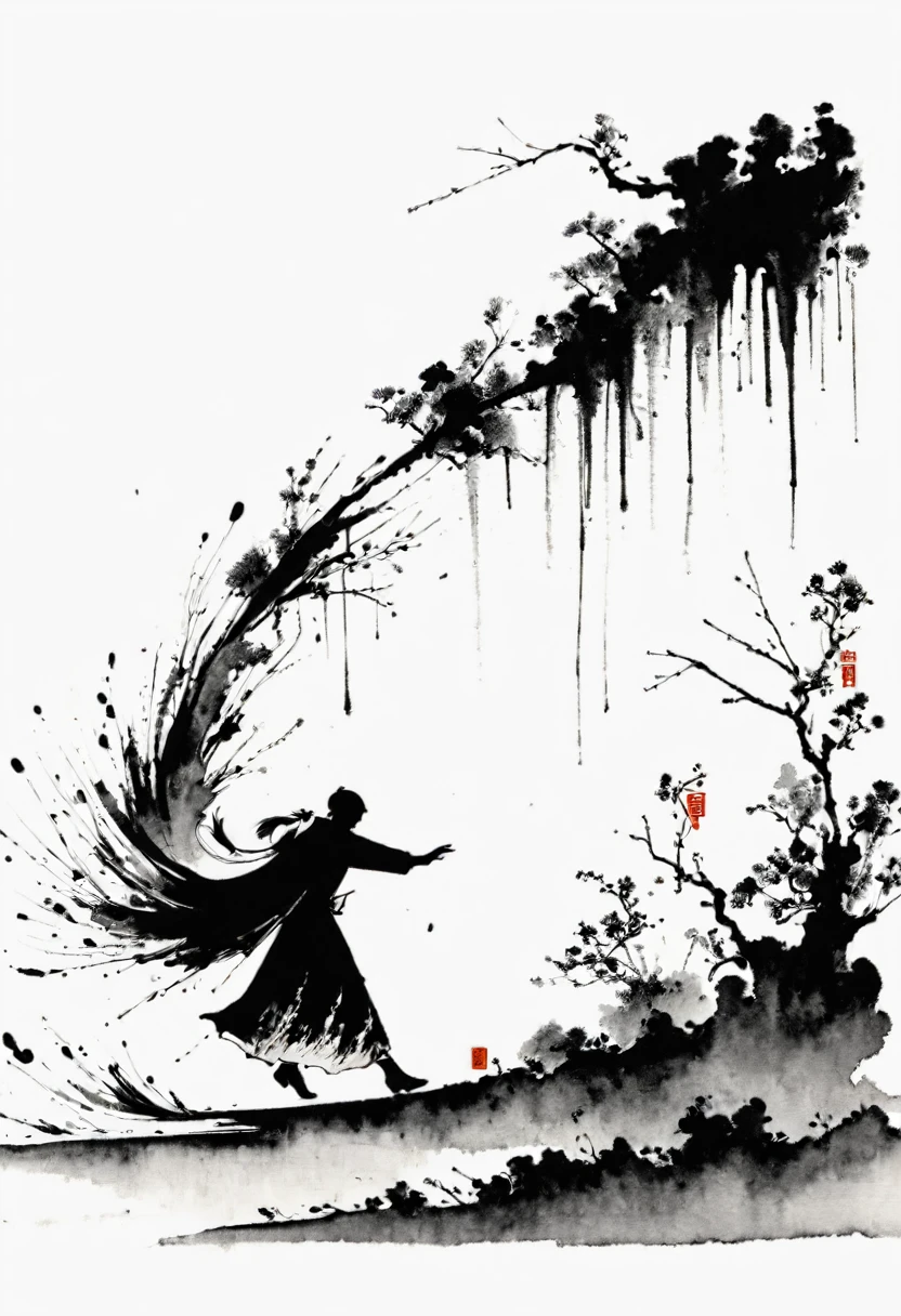 中国Ink Painting, Gray and White, Minimum,White background,The Trail, Minimalism, Huge negative space, Ink Painting, Abstract,A person dancing in the rain