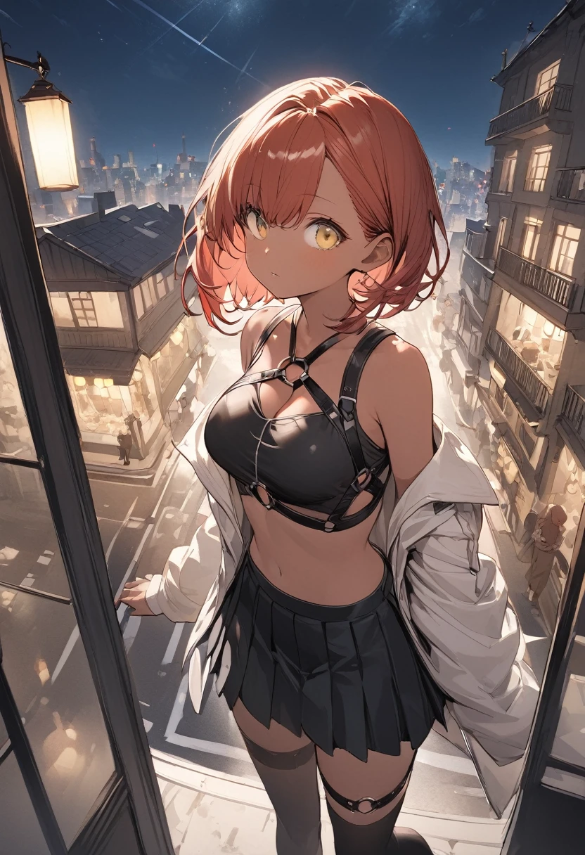 table top, highest quality,figure, wallpaper, Super detailed, absurd, 1 girl, alone, ( short red hair, tan skin, yellow eyes), detailed and beautiful eyes , (street:1.3), hair blowing in the wind,(panoramic view:1.3),(sense of depth:1.5),(long shot:1.3) girl standing on balcony looking at the city at night, wearing open sexy clothes, black skirt, Black stockings, oversized jacket, chest harness, black shirt, crop top, skirt, Shoes, O-Ring, midriff, off shoulder, medium breasts, thigh strap, pleated skirt (skirt blowing in the wind) looking up at the sky, ignoring camera (3/4 view)