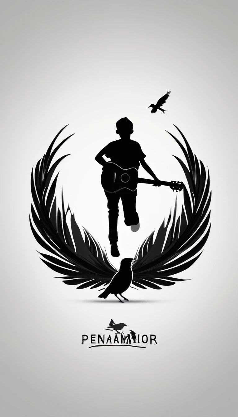Create a modern, minimalistic logo design for a brand about music and movies called " Penamemoria. The logo must be in minimalistic style and convey a sense of storytelling. The logo is the silhouette of a boy running with open arms, holding an acoustic guitar in the right hand and a bird feather in the left hand.