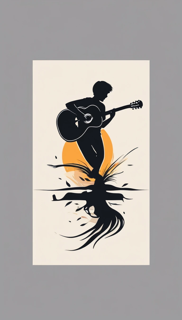 Create a modern, minimalistic logo design for a brand about music and movies called " Penamemoria. The logo must be in minimalistic style and convey a sense of storytelling. The logo is the silhouette of a boy running with open arms, holding an acoustic guitar in the right hand and a bird feather in the left hand.