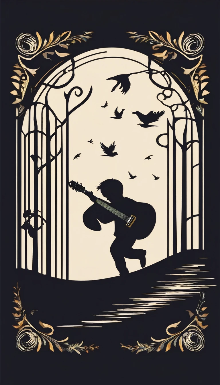 Create a modern, minimalistic logo design for a brand about music and movies called " Penamemoria. The logo must be in minimalistic style and convey a sense of storytelling. The logo is the silhouette of a boy running with open arms, holding an acoustic guitar in the right hand and a bird feather in the left hand.