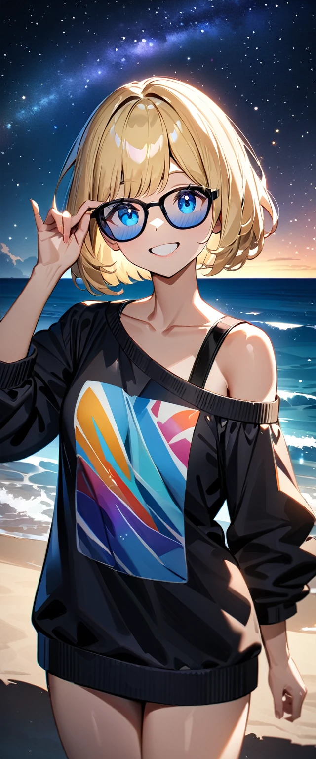 (((a starry sky, the Milky Way shining beautifully in the night))), ((bare legs)), (((sunglasses, hand to sunglasses))), (((cowboy shot))), ((wavy hair, inward curled hair)), ((sea, beach)), ((blond hair, bob cut:1.3)), breasts, teenager, (looking at viewer), oversized clothes, puffy long sleeves, ((off-shoulder sweater:1.3, Quite thick shoulder straps)), ((black sweater)), collarbone, head tilt:1.3, (((blue eyes))), ((happy smile)), (((anime style))), (best quality, 4K, 8K, highres, masterpiece:1.2, ultra-detailed, ultra-detailed eyes, HDR, uhd, studio lighting, ultra-fine painting, sharp focus, physically-based rendering, extreme detail description, professional, vivid colors, bokeh)