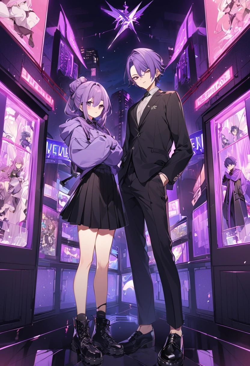 Keito。men and women。2 people。Purple hoodie。Black Skirt。The man wears black trousers。Purple Eyes。Purple Hair。Black shoes下。Black shoes。We're turning our backs on each other。Same height