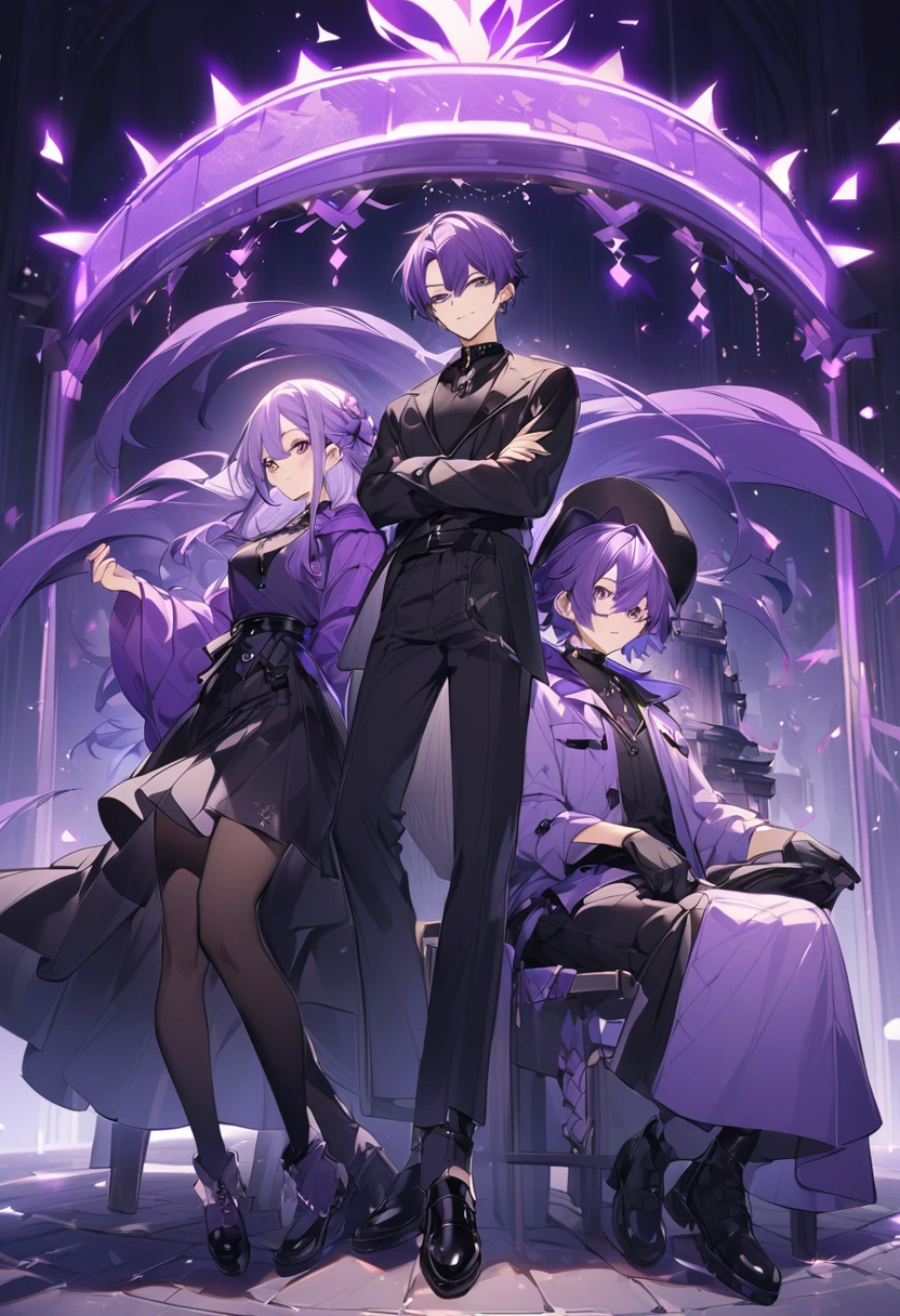 Keito。men and women。2 people。Purple hoodie。Black Skirt。The man wears black trousers。Purple Eyes。Purple Hair。Black shoes下。Black shoes。We&#39;re turning our backs on each other。Same height