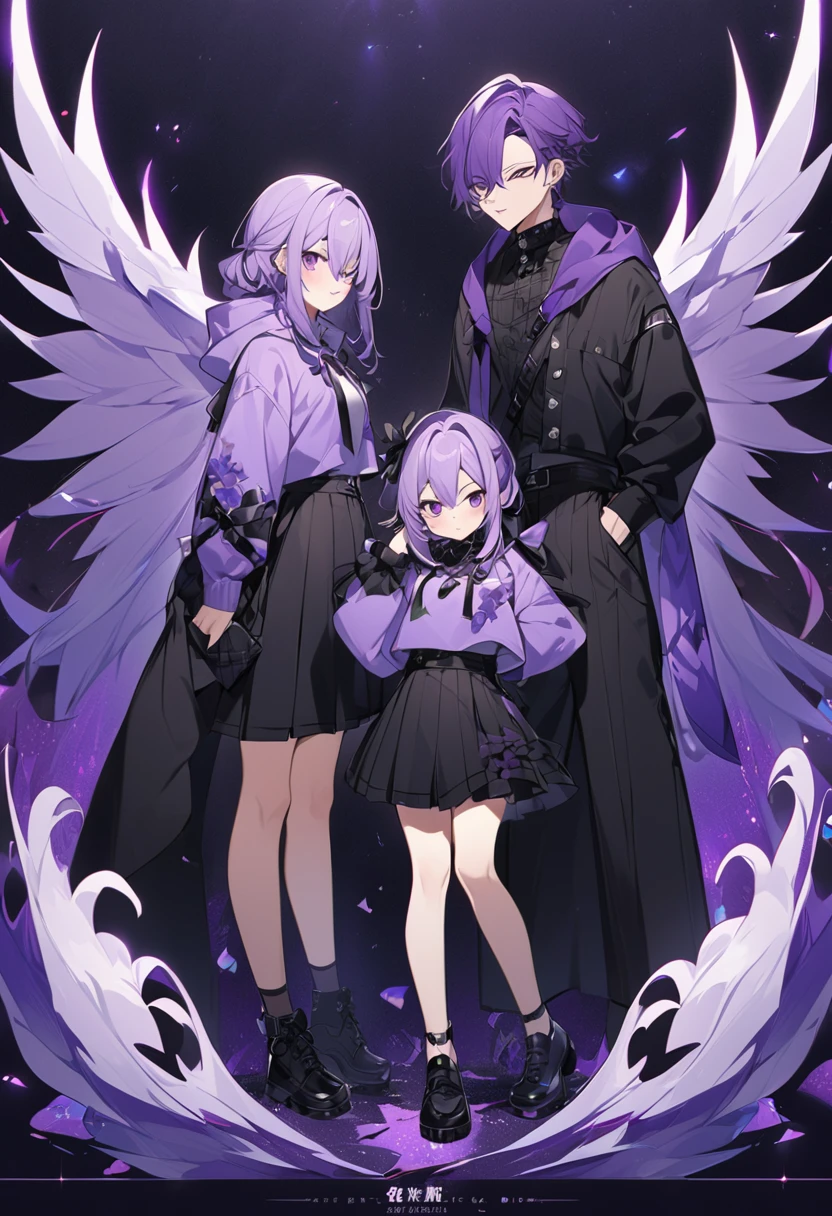 Keito。men and women。2 people。Purple hoodie。Black Skirt。The man wears black trousers。Purple Eyes。Purple Hair。Black shoes下。Black shoes。We're turning our backs on each other。Same height