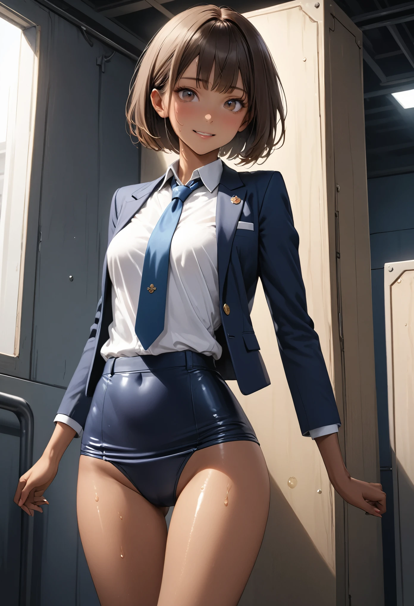 (masterpiece,Highest quality:1.3,best quality illustration,realistic),cowboy shot,1woman,20 year old Japanese beauty,((very small head:1.3)),brown short bob hair,bangs,brown eyes,gorgeous eyes,blush,smile,small breasts,((very long body:1.3)),((toned body,slender body,skinny,tan skin)),(navy uniform、Dark blue blazer jacket、White Shirt、Navy blue tie、Navy blue tight skirt),gleaming skin,shiny skin,sweat,standing,Naval Base、