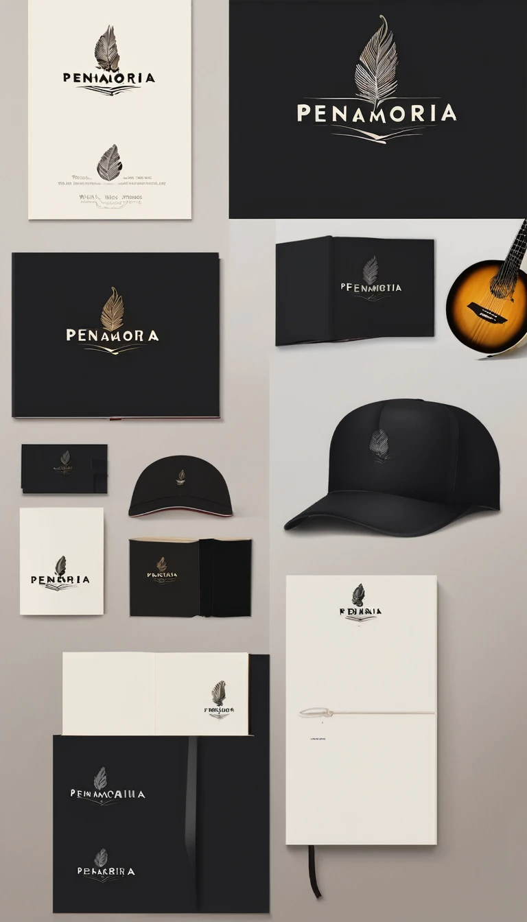 A minimal, modern, simple, cinematic logotype for the brand “Penamemoria". The logotype must be a simple, magical feather and a boy playing acoustic guitar. The logo must convey a sense of music, stories and dreams. Logo design impressed on a book cover. Minimalistic logo
