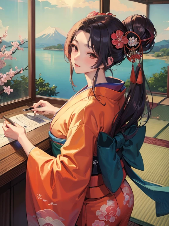 (Highest quality、masterpiece、High resolution、8K)、Vibrant colors、Ukiyo-e、Utamaro、Kimono Beauty、river、Mount Fuji in the distance、Japanese style scenery、Official Art、