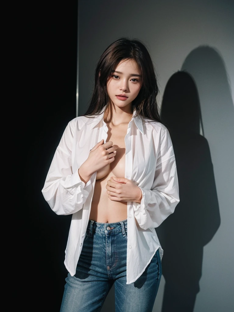((Highest quality, 8K, masterpiece :1.3)), Sharp focus :1.2, Beautiful woman with perfect figure :1.4, 1 Girl,Slim Abs :1.2, ((Dark brown hair,chest :1.2)), (White long formal shirt)(Unbutton your shirt.), Gray background:1.2, Highly detailed face and skin texture, fine grain, double eyelid,Beautiful Hands,Five Fingers,Fashion model posing,Full body portrait,Cowboy Shot,jeans,Cast a Shadow,