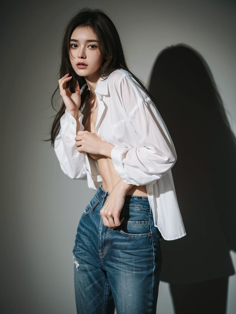 ((Highest quality, 8K, masterpiece :1.3)), Sharp focus :1.2, Beautiful woman with perfect figure :1.4, 1 Girl,Slim Abs :1.2, ((Dark brown hair,chest :1.2)), (White long formal shirt)(Unbutton your shirt.), Gray background:1.2, Highly detailed face and skin texture, fine grain, double eyelid,Beautiful Hands,Five Fingers,Fashion model posing,Full body portrait,Cowboy Shot,jeans,Cast a Shadow,