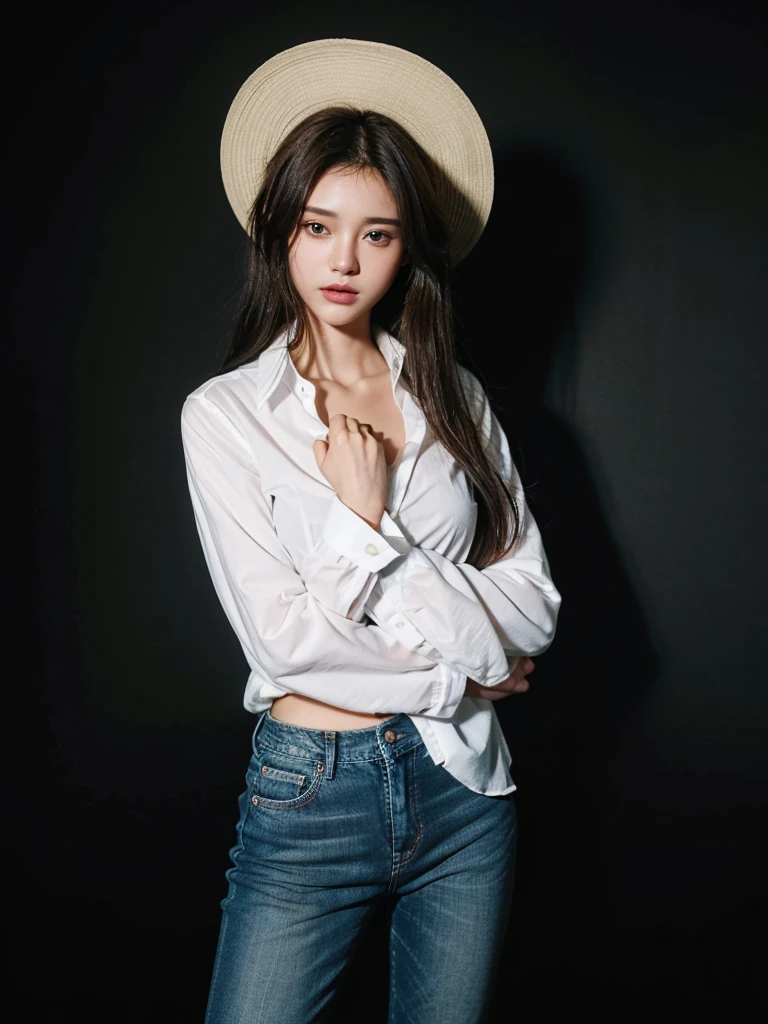 ((Highest quality, 8K, masterpiece :1.3)), Sharp focus :1.2, Beautiful woman with perfect figure :1.4, 1 Girl,Slim Abs :1.2, ((Dark brown hair,chest :1.2)), (White long formal shirt)(Unbutton your shirt.), Gray background:1.2, Highly detailed face and skin texture, fine grain, double eyelid,Beautiful Hands，Five Fingers,Fashion model posing,Full body portrait,Cowboy Shot,jeans,Cast a Shadow,