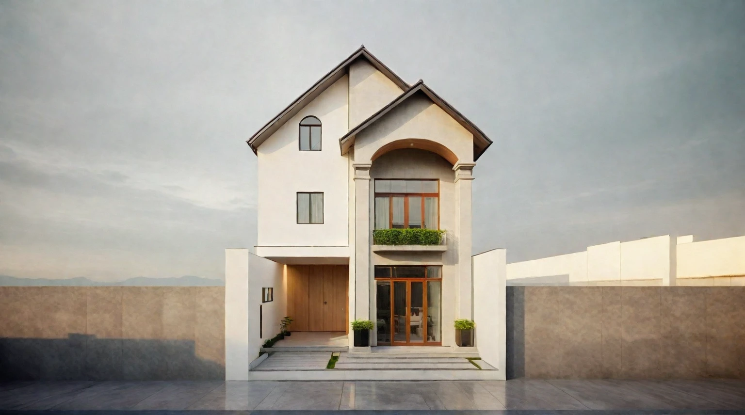A high-resolution, horizontally framed shot of a minimalist Muji style three-story house exterior. The facade features a combination of water-painted walls, natural wood, and decorative stone elements, creating a harmonious and serene appearance. Large windows allow ample natural light to flood the interior spaces. The design emphasizes simplicity and functionality, with clean lines and a neutral color palette. The house is situated on a quiet street with cars parked in front, and potted plants and greenery enhance the natural aesthetic.
((8k)), high quality detail, soft lighting, minimalist design, neutral color palette, natural materials, clean lines, serene and inviting, modern Japanese aesthetic, flat ceiling, recessed downlights.