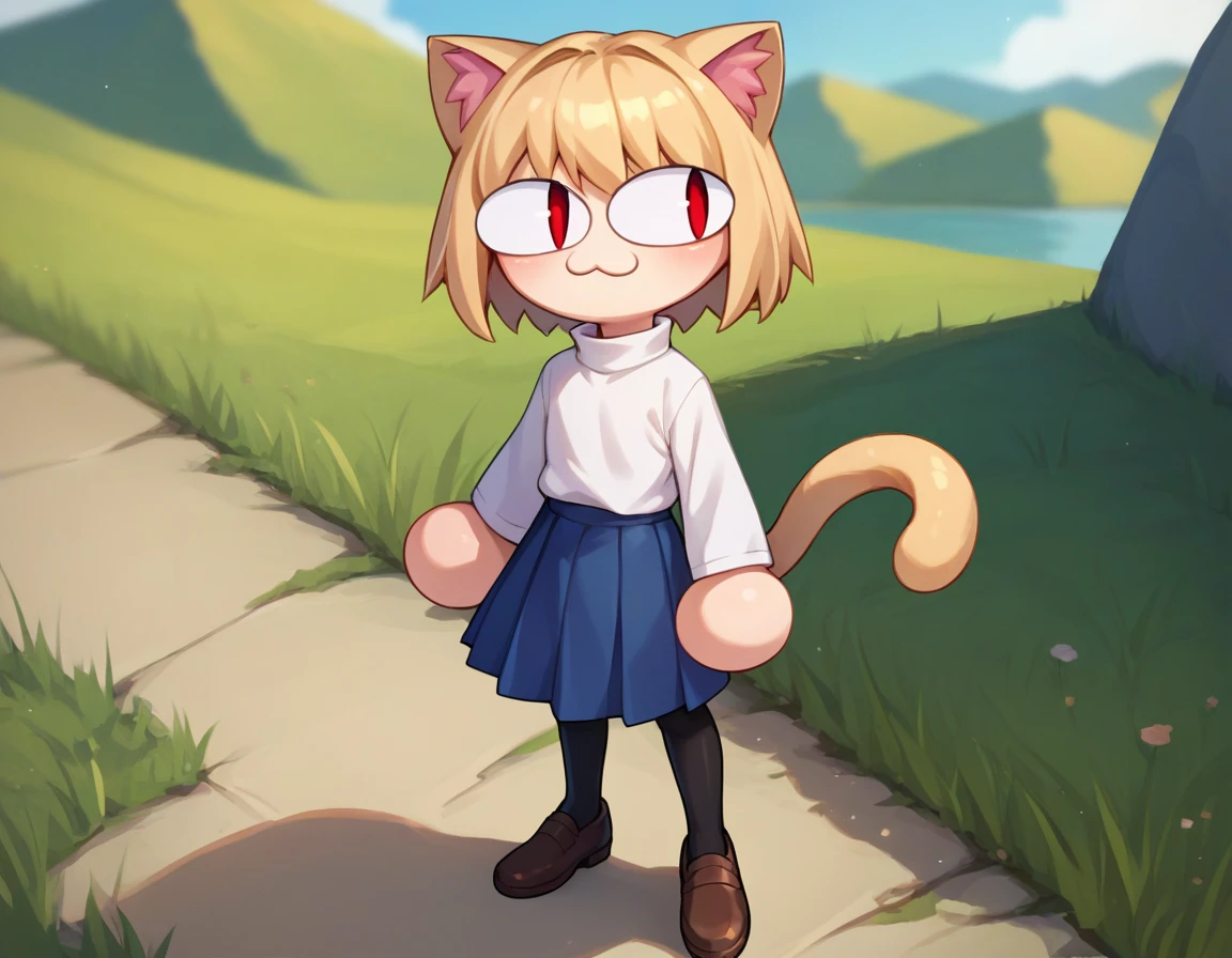 score_9, score_8_up, score_7_up, score_6_up, score_5_up, score_4_up, BREAK, 1boy, solo, necoarc, lit pupils, cat ears, blonde hair, red eyes, :3, turtleneck, blue skirt, pleated skirt, pantyhose, brown footwear, femboy, landscape