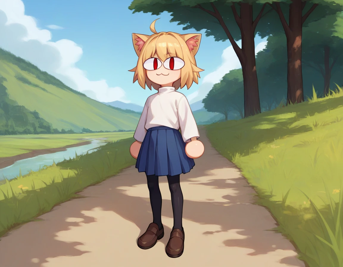 score_9, score_8_up, score_7_up, score_6_up, score_5_up, score_4_up, BREAK, 1boy, solo, necoarc, lit pupils, cat ears, blonde hair, red eyes, :3, turtleneck, blue skirt, pleated skirt, pantyhose, brown footwear, femboy, landscape