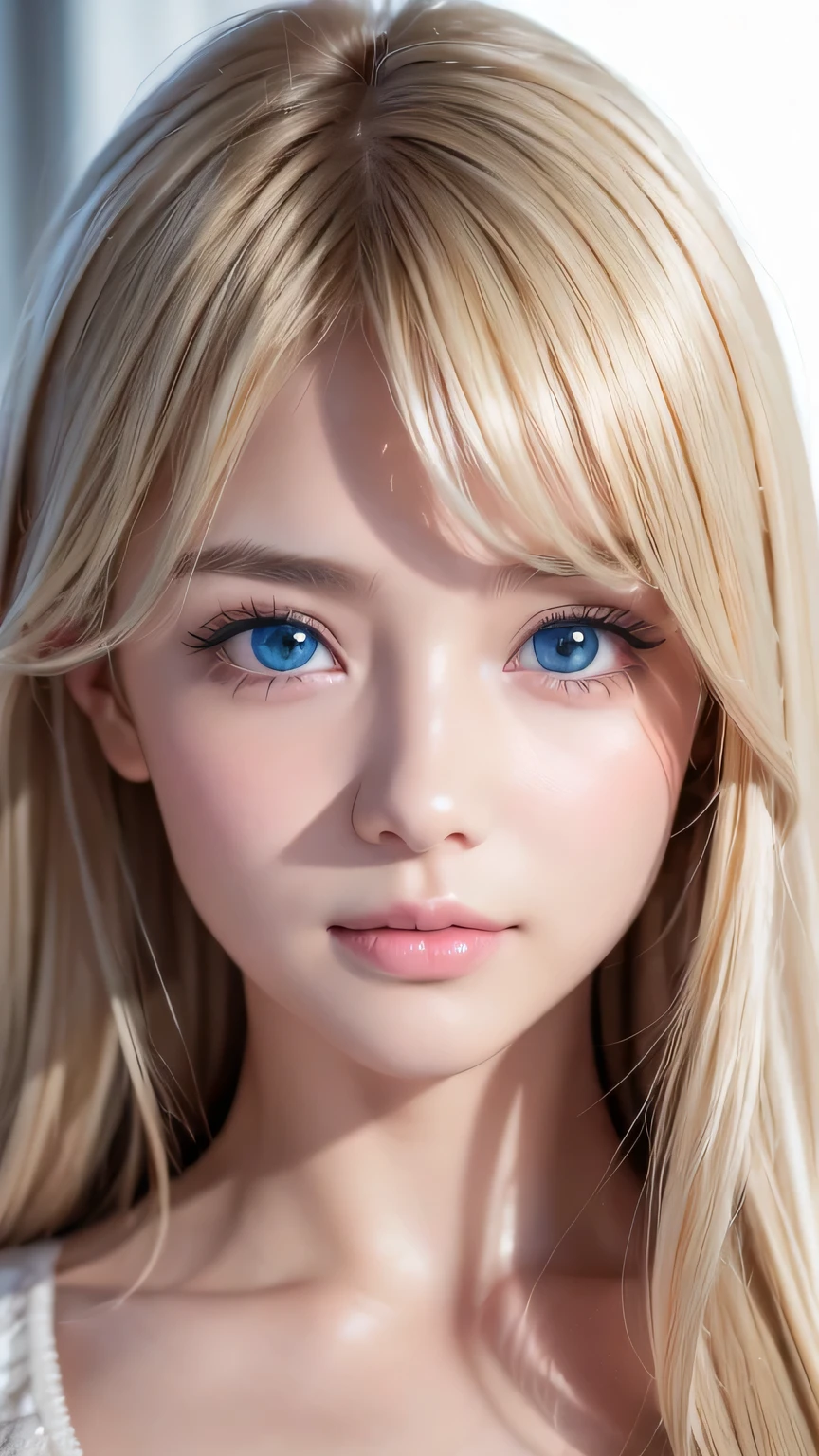 Dressed、(Photorealistic:1.4)、(ハイパーRealistic:1.4)、(Realistic:1.3)、(Smooth lighting:1.05)、(Improved cinematic lighting quality:0.9)、32k、1 Girl、Very cute expression、A beautiful 16 year old blonde girl、bangs that fall on the face、Bangs left over the eyeessy bangs between the eyes、Realistic top lighting、Backlight、Face Light、Super long silky platinum hair、Blonde rays、(Bright light:1.2)、(quality improvement:1.4)、(Highest quality realistic textured skin:1.4)、Very beautiful, detailed, shiny, very bright, mint blue, large eyes、Very big eyes、Detailed face、A careful eye for quality、(Tired, sleepy and satisfied: 0.0)、Face close up、T-Shirts、(Enhances the body line:1.1)、(Enhances the beauty of skin texture:1.1)、Cheek gloss highlighter、Small Face Beauty、Round face