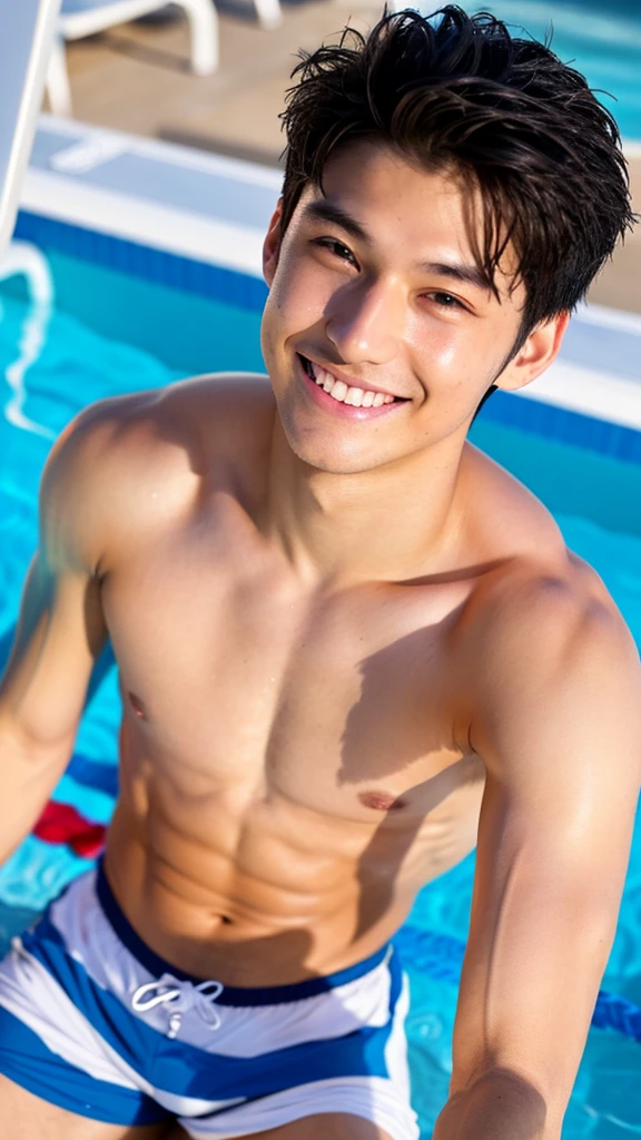 male Age 27 swimwear lifeguard topless smile