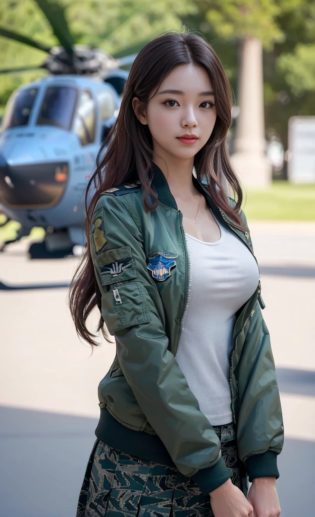 Exposed nipples、pose in front of an airplane propeller。Air Force Pilot、Runway、Planes、dark green flight suit、High exposure、Photorealistic images of solo idols, Morning Musume inspired by Eri Kamei, Radiates charm and beauty with plenty of bust and subtle exposure of cleavage. The image is、Must reflect a real person of the highest quality, Powered by Ultra-HD (16 K) resolution, crisp detail, Vivid colors, Dynamic Range, Soft bokeh, Fine texture, Realistic realism, Pin Sharp Focus. Lighting is、The camera setup is、Nikon D850 and NIKKOR Z 58mm Boobs Boobs Boobs Boobs F。/0.95 S Noct lens,  The setting must be ISO 64, F/0.95, Shutter speed is 1/60. --ar 16:9 - V5.1 --Style raw --Q 2 --S 750