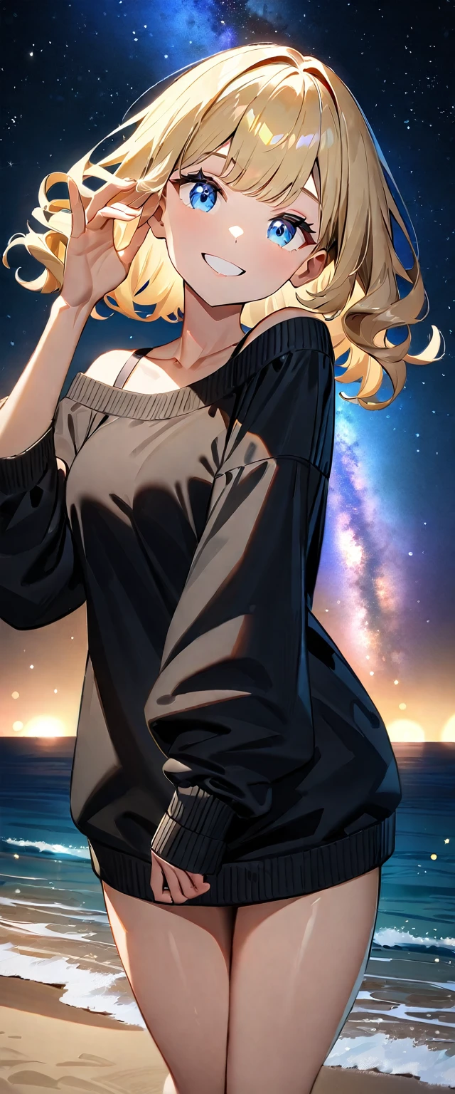 (((a starry sky, the Milky Way shining beautifully in the night))), ((bare legs)), (((sunglasses, hand to sunglasses))), (((cowboy shot))), ((wavy hair, inward curled hair)), ((sea, beach)), ((blond hair, bob cut:1.3)), breasts, teenager, (looking at viewer), oversized clothes, puffy long sleeves, ((off-shoulder sweater:1.3, Quite thick shoulder straps)), ((black sweater)), collarbone, head tilt:1.3, (((blue eyes))), ((happy smile)), (((anime style))), (best quality, 4K, 8K, highres, masterpiece:1.2, ultra-detailed, ultra-detailed eyes, HDR, uhd, studio lighting, ultra-fine painting, sharp focus, physically-based rendering, extreme detail description, professional, vivid colors, bokeh)