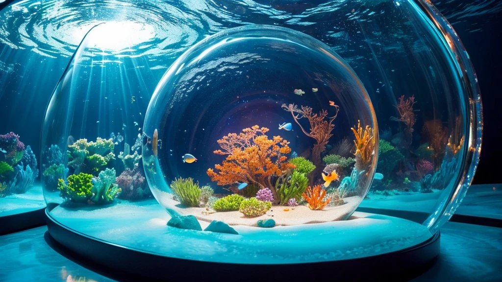 8k、Room in a glass dome、Water Bed、Open World,seabed,amazing colors,Draw the underwater world,Fluctuations in fresh water,Fluctuating bubbles in water,Very wide angle shot,Fantastic artistic expression, Curved、Large windows、Sense of presence、Fish that look like they're about to jump out、Frameless windows booklet、The building is made of glass、White Room、Sensation in the sea、Moody lighting、Large bed、Sense of luxury