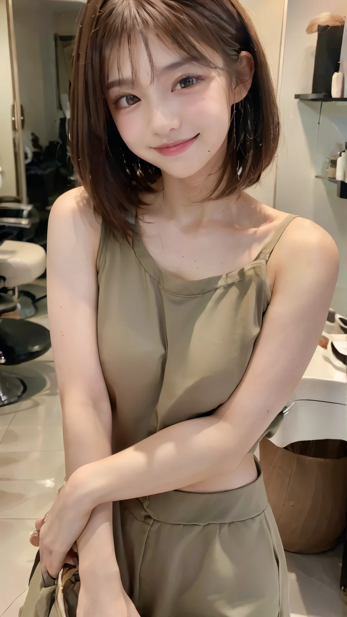 ((Highest quality, 8K, masterpiece: 1.3)), One Woman, The beauty of slim abs: 1.3, (Hairstyle Brown Hair Short Cut, ), Casual Dresses, Ultra slim, Delicate eyes, Age 25,double eyelid, smile, Home, RAW Photos
