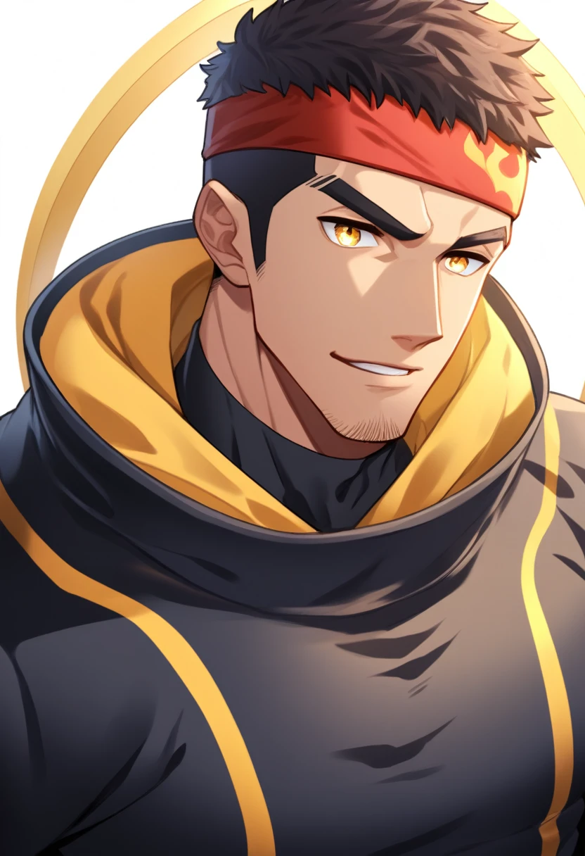 anime characters:Gyee, 1 young muscular man, male focus, Flame tattoo, sports Red headband, Dark yellow high collar long sleeve tights, Very tight, muscular male, muscular, Round, firm and full chest muscles, only, Upper body, alone, Black short hair, Thick eyebrows, stubble, Yellow eyes, White background, simple background, amazing quality, best aesthetics, Ridiculous, bright pupils, crew cut, naughty face, torogao, parted lips, halo, god rays, best quality