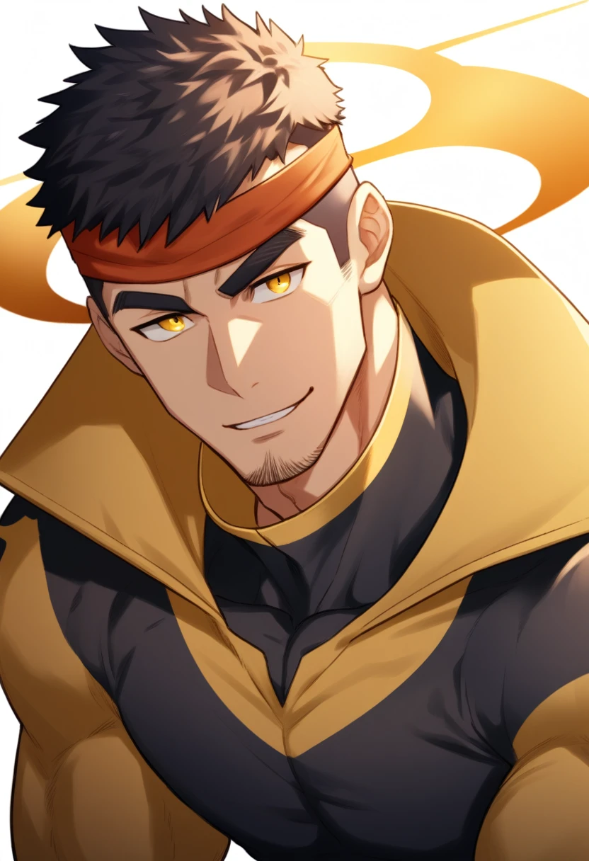 good looking ,Roleplaying、Small eyes、Long Hair、Fantasy style clothing、Yellow clothes、Yellow Cape、Black Hair、Yellow bandana on head、Abs from shirt、