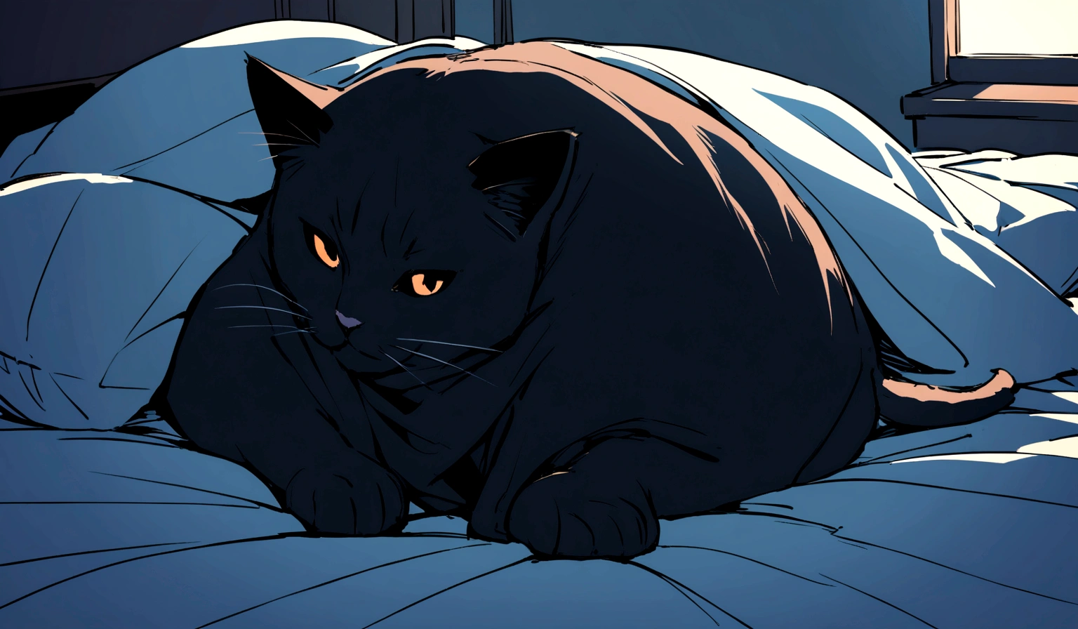 Black cat、sleep、In the bed in the room