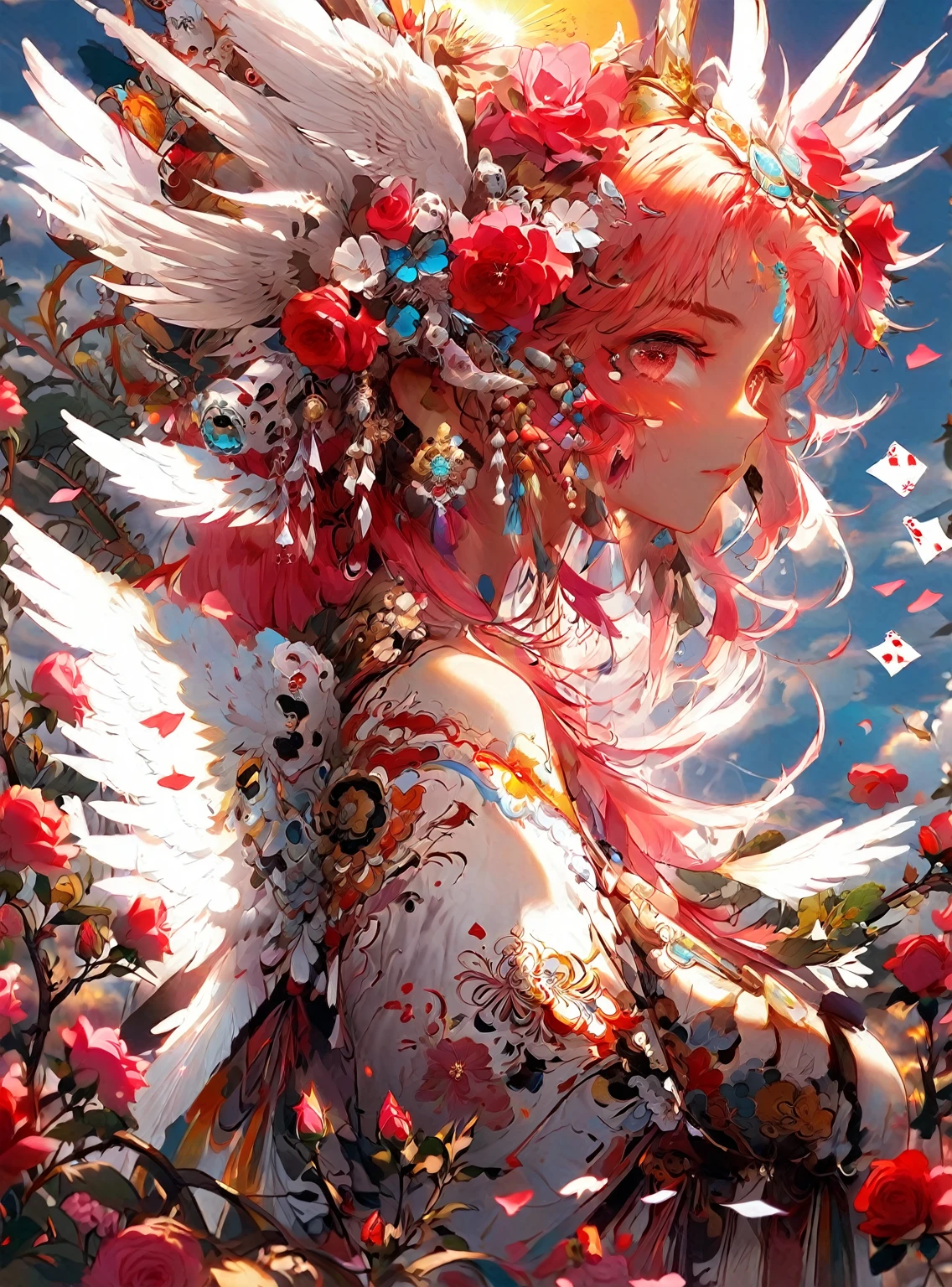 (masterpiece, best quality), 1 Girl, flower, Solitary, skirt, Keep, Sky, cloud, have, outdoor, Bangs, flower束, Rose, Poker face, blush, Pink Hair, flower field, red flower, Pink Eyes, white skirt, Looking at the audience, Medium-length hair, Keep flower, Small Breasts, red Rose, Keep flower束, sun have, White headdress, Depth of Field,((whole body)),