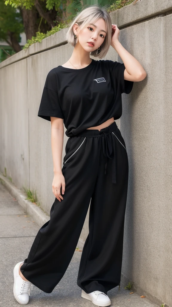 (8K, Photorealistic, Raw photo, Highest quality: 1.4),Japanese idol-style beautiful girl,model,1 person,18-year-old,(Short Bob),(Silver Hair :1.2),She has her hair tucked behind her ears,Clear grey eyes,Long eyelashes,(piercings(small)),(Lip gloss),lips(Plump,glossy),thin long neck,(Big T-shirt((Black),(Hemming out))),(Wide leg pants((Sweat fabric),(Length that covers the instep))),pumps,Full body portrait